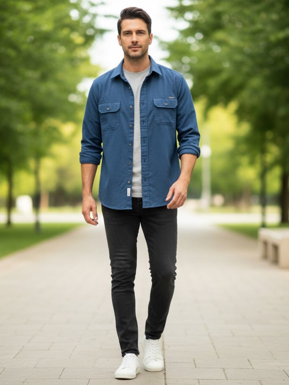 Eddie Bauer Blue Textured Button Up Shirt L
